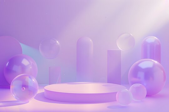 A purple podium with spheres floating around it, creating an atmosphere of lightness and minimalism. The background is purple in color, creating a soft tone that complements the stage design. 