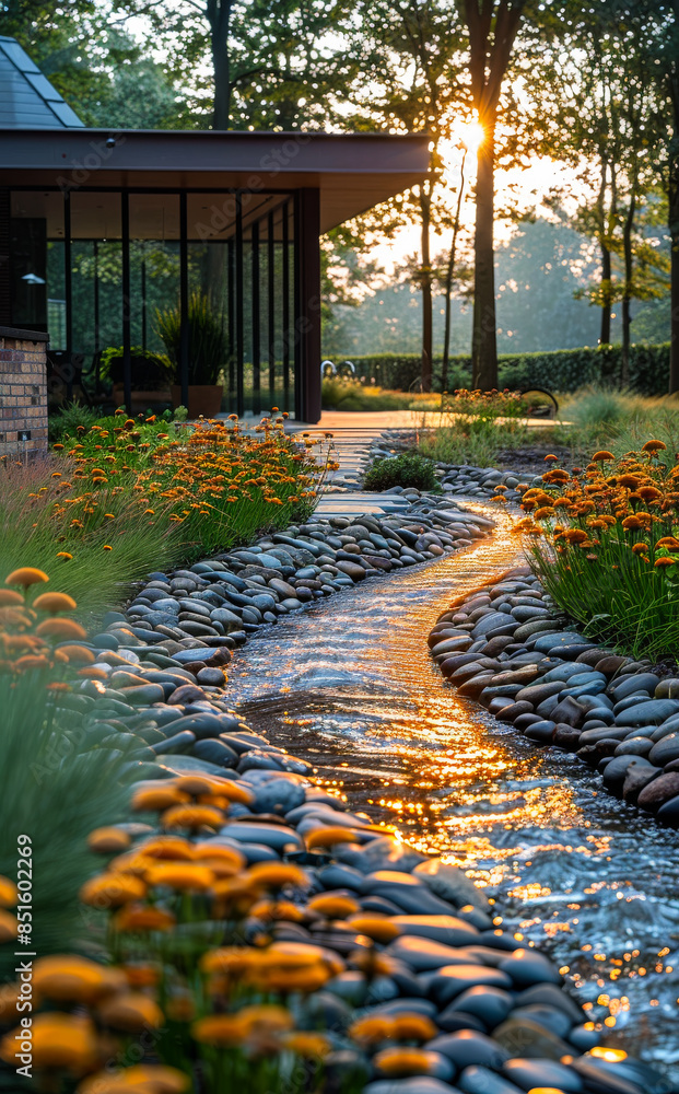 Poster small stream flows through garden with flowers and building in the background