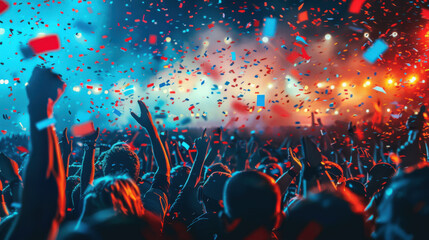 A lively concert crowd celebrating with confetti and colorful lights, creating an energetic and festive atmosphere.