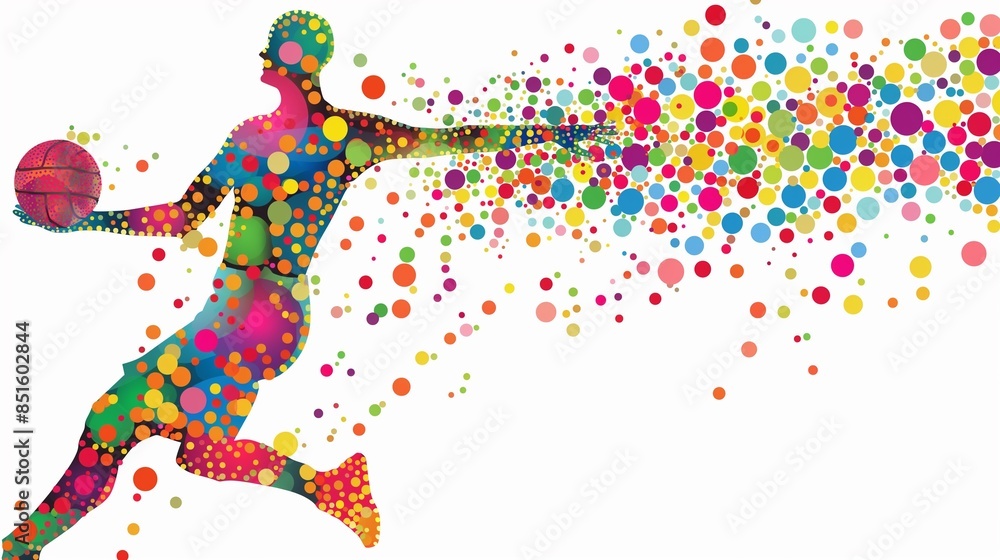 Poster a basketball player in action with a colorful polka dots effect.