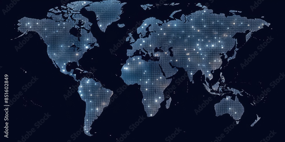 Poster glowing digital world map on a dark background with sparkling light points. global communication and