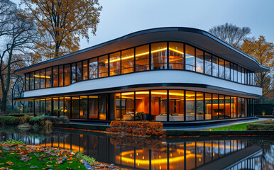 Obraz premium Modern house in the evening with pond