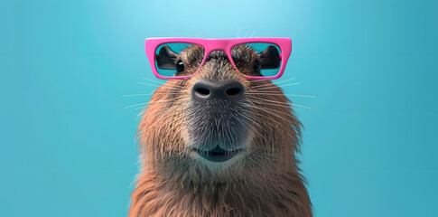 Cute Capybara in pink glasses front view isolated on blue background