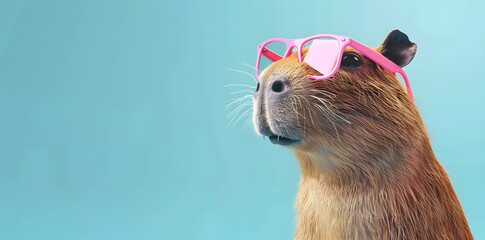 Cute Capybara in pink glasses front view isolated on blue background