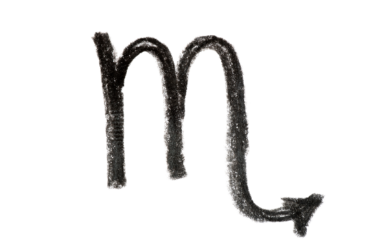A hand-drawn Scorpio zodiac sign in black pencil on a white background, perfect for astrology-themed designs, horoscope articles, and spiritual projects