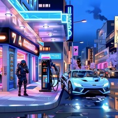 Cyberpunk city street with a sports car at night