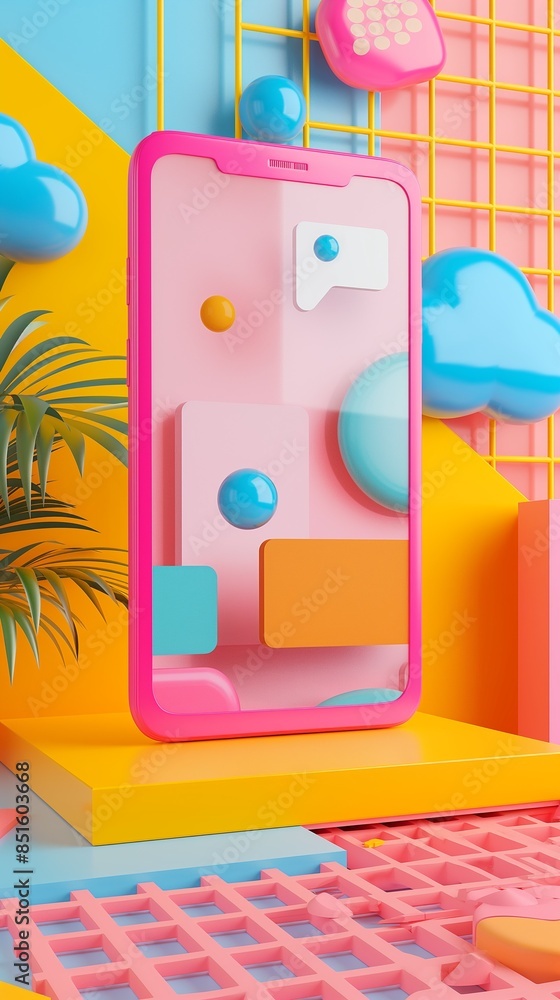 Poster vertical image of a mobile phone with colorful icons on a colorful background.