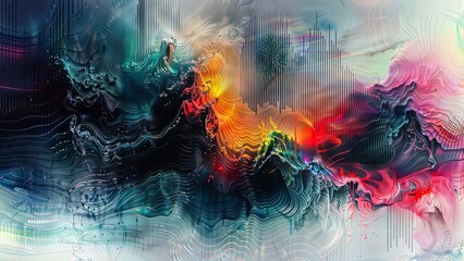 Fototapeta premium Rhythmic Fractal Waves in Teal, Orange, Pink with Futuristic Aesthetic