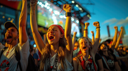 A group of passionate fans cheering enthusiastically during a sports event, with bright lighting and a vibrant atmosphere.