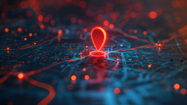 glowing red gps marker on the digital map - Powered by Adobe