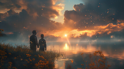 Fototapeta premium Silhouetted father and son standing by a lake at sunset.