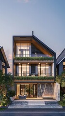 Fototapeta premium A Two-Storey Home With A Glass Balcony, Large Windows And Natural Landscape.