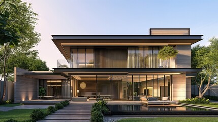 Fototapeta premium A Two-Storey Home With A Glass Balcony, Large Windows And Natural Landscape.