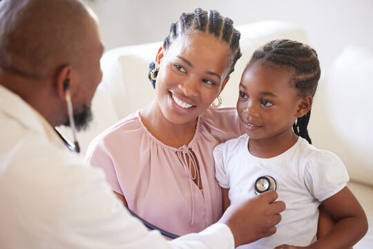 Black people, mother and girl with doctor stethoscope for healthcare consultation and healthy lungs in hospital. African mama, young child and male pediatrician with check breathing for wellness