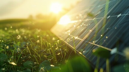 Rural Solar Panels Glistening in Sunshine: Highlighting Green Energy Infrastructure, Wallpaper, banner design, brochure, web, background template, concept of sustainability, counter urbanization, 