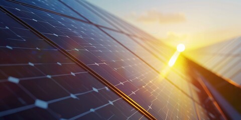 Rural Solar Panels Glistening in Sunshine: Highlighting Green Energy Infrastructure, Wallpaper, banner design, brochure, web, background template, concept of sustainability, counter urbanization, 
