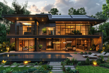 Fototapeta premium modern luxury villa with a swimming pool and garden on a tropical island. the house design is in wood, glass and metal materials. evening lighting with solar panels on the roof to provide energy