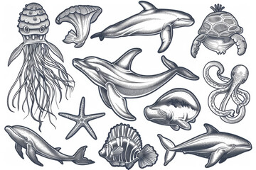 An intricate set of marine illustrations featuring various sea creatures in detailed etchings, blending artistic skill with natural wonder in an engaging monochromatic palette.