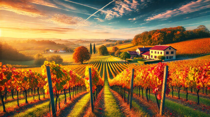 A picturesque vineyard with rows of grapevines in vibrant fall colors, a farmhouse in the distance, and rolling hills.