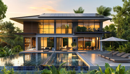 Fototapeta premium modern luxury villa with a swimming pool and garden on a tropical island. the house design is in wood, glass and metal materials. evening lighting with solar panels on the roof to provide energy