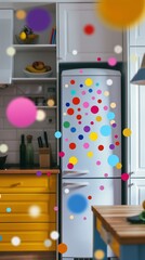 Vertical Image Of A Modern Kitchen With A Colorful Polka Dots Wall.