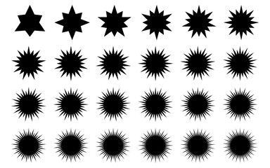 Set of black spiky starburst shapes with increasing points, radial sunburst silhouettes for decoration, abstract icons, geometric elements for logo design, tattoo, stickers, comic explosion effects