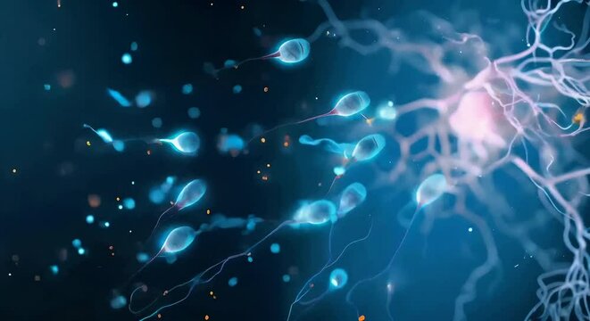 Illustration of glowing sperms flowing on a digital background symbolizing the fusion of biology and technology