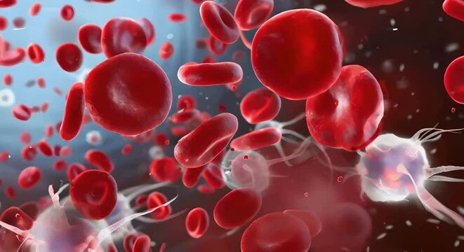 A detailed illustration of red platelets floating in the human body