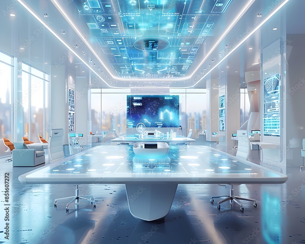 Poster collaborative dynamic office environment with digital interactive tables for business teamwork and s