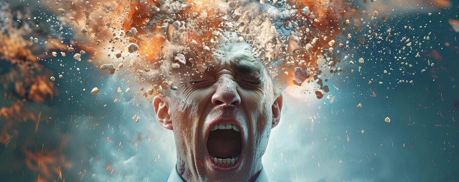 A businessperson s head exploding into various facial expressions, surrealism, muted tones, high detail