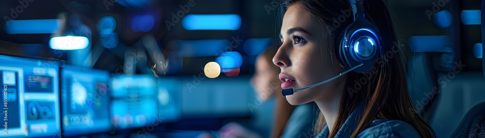 Wall mural night shift at a customer service center with agents focused on their screens for business and work 