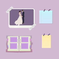 Lovely Wedding Couple Standing Holding Hands Design Frame Picture For Mood Board Note Paper Book Purple Gray Pastel Vector Isolated