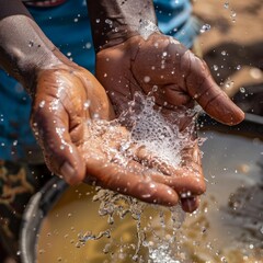 Fototapeta premium Person's hands cupped together holding water, showcasing the importance of clean water accessibility and hygiene in daily life.