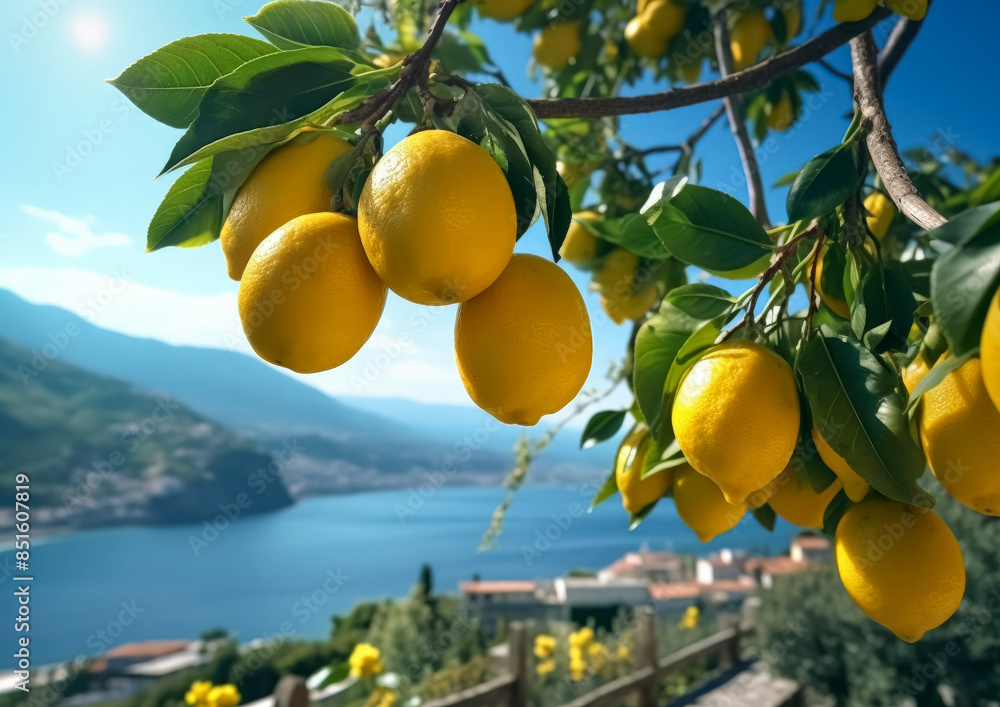 Poster a tree with many lemons on it. the lemons are hanging from the tree and are dripping water. the scen