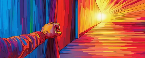 Naklejka premium A hand pulling back a curtain to reveal a bright, colorful world, pop art, high contrast, digital art