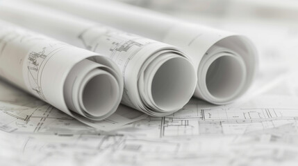 Close-up of three rolled-up architectural blueprints laying on a table covered with construction plans, signifying creativity, design, and planning.