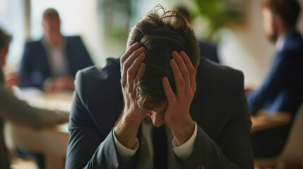A man in a business suit looks stressed, his head in his hands while in an office environment, with other blurred figures in the background.