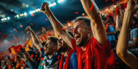 A group of ecstatic soccer fans celebrating a victory with raised arms, confetti, and a vibrant stadium atmosphere.