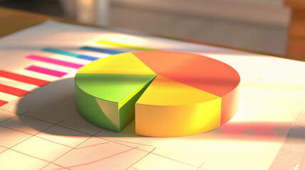 Fototapeta premium A bright, colorful pie chart on a piece of paper, illuminated by soft sunlight in an office setting.