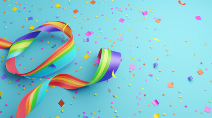 Fototapeta premium Vibrant ribbons and confetti are scattered against a bright turquoise background, evoking a festive and cheerful atmosphere.