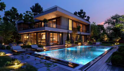 Fototapeta premium beautiful modern luxury villa with a swimming pool and garden at night.