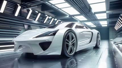 Fototapeta premium A modern, sleek white sports car is parked in an illuminated futuristic garage, emphasizing luxury, speed, and design.