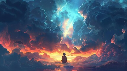 A person surrounded by dark clouds of doubt, with rays of confidence breaking through, digital art, bright colors, high detail