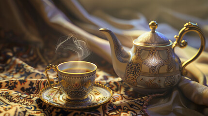An ornate teapot and steaming cup of tea on an exquisitely patterned fabric, evoking warmth and tradition.
