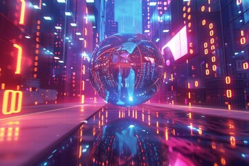 Fototapeta premium A person traveling in a floating glass sphere through a neon city, side view, exploring a surreal and vibrant environment, digital binary as object, Complementary Color Scheme