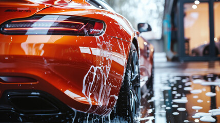 A sleek orange sports car being meticulously detailed, with a focus on its glossy paint and shining surfaces.