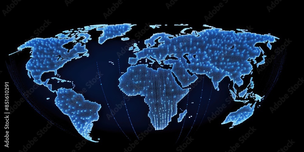 Poster glowing digital world map on a dark background with sparkling light points. global communication and