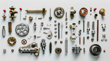 Obraz premium An aerial view of various mechanical parts meticulously arranged, showcasing the complexity and precision of engineering components.