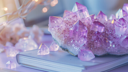 Amethyst Healing Crystal. Alternative Medicine. Crystals for Health. Energy Power. Wellness. Photo in Interior of Bedroom