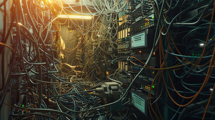 A cluttered server room filled with tangled cables and various networking equipment with glowing indicator lights, illuminated by soft, ambient light.
